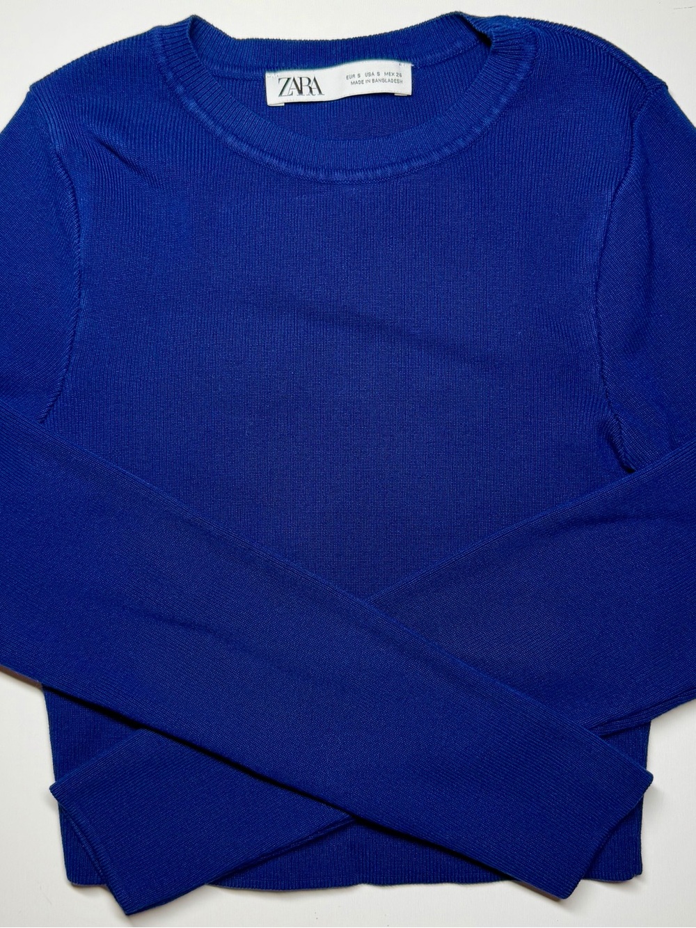 Zara Blue Cropped Sweater‎ Women’s Small Long Sleeve Ribbed Knit Pullover